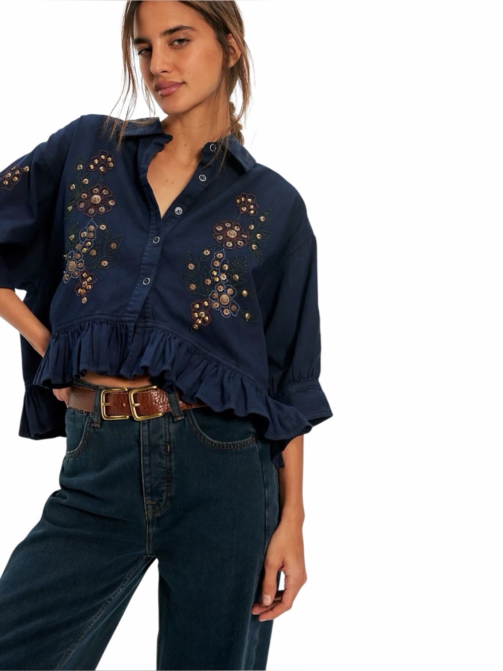 NEW Free People We The Free Bailey Embellished Cropped Denim Shirt size Small